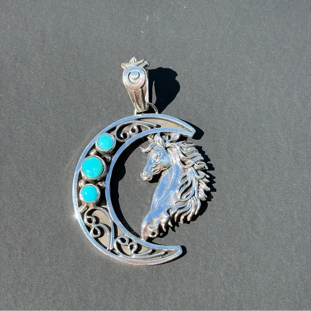 Jennifer Cayaditto Signed Sterling Silver Triple Turquoise Moon & Horse Pendant